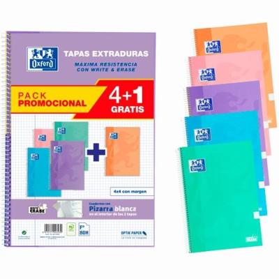 Oxford Classic Write & Erase Pack 4+1 5 Cuadernos Espiral Formato Folio Cuadriculado 4x4mm - 80 Hojas - Tapas Extraduras con Pizarra Blanca - Colores Pastel Surtidos