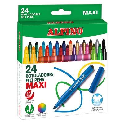 Alpino Pack de 24 Maxi Rotuladores Gruesos - Punta de 6mm - Superlavables, Resistentes y Duraderos - Colores Brillantes - Colores Surtidos