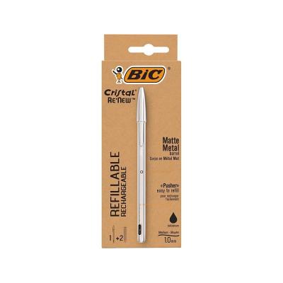 Bic Cristal Re´new Boligrafo de Bola con Cuerpo Metalico + 2 Recambios - Punta Media de 1.0mm - Tinta con Base de Aceite - Color Negro