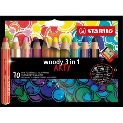 Stabilo Woddy 3 en 1 Arty Pack de 10 Lapices de Colores + Sacapuntas - Lapiz de Color, Cera y Acuarela, Todo en Uno - Mina XXL 10mm - Colores Surtidos