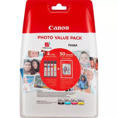 Canon CLI581XL Pack de 4 Cartuchos de Tinta Originales - 50 Hojas de Papel Fotografico - 2052C004/2052C006