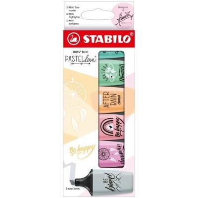 Stabilo Boss Mini Pastellove Pack de 6 Marcadores Fluorescentes - Trazo entre 2 y 5mm - Tinta con Base de Agua - Antisecado - Colores Rosa, Fucsia, Naranja, Verde, Gris, y Turquesa