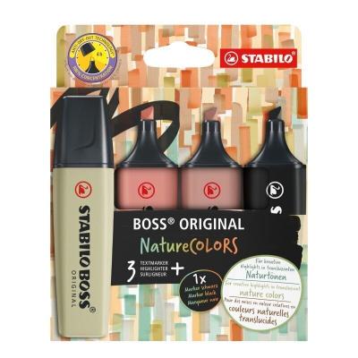 Stabilo Boss Naturecolors Pack de 4 Marcadores - Trazo entre 2 y 5mm - Tinta con Base de Agua - Colores Negro, Ocre Oscuro, Siena y Verde Barro