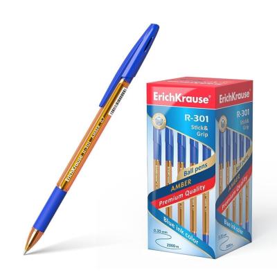 Erichkrause Boligrafo R-301 Amber Stick&Grip 0.7 - Cuerpo Hexagonal Translucido - Zona de Agarre de Goma - Punta de 0.7mm - Tinta de Secado Rapido - Color Azul