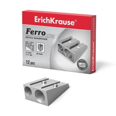 Erichkrause Ferro Plus - Sacapuntas Doble de Aluminio - Agarre Ergonomico - Dos Agujeros de 8mm y 11mm - Cuchilla de Acero al Carbono en Forma de Espiral - Color Plata