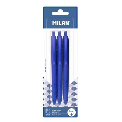 Milan P1 Touch Pack de 3 Boligrafos de Bola Retractiles - Punta Redonda 1mm - Tinta con Base de Aceite - Escritura Suave - 1.200m de Escritura - Color Azul