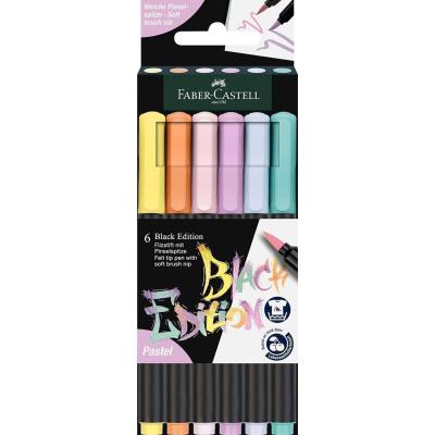 Faber-Castell Black Edition Pack de 6 Rotuladores Punta Pincel - Tinta a Base de Colorantes Alimentarios - Colores Pastel Surtidos