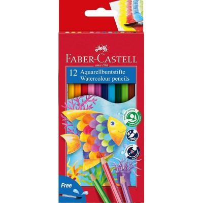 Faber-Castell Classic Colour Acuarelable Pack de 12 Lapices de Colores Hexagonales Acuarelables + Pincel - Resistencia a la Rotura - Colores Surtidos
