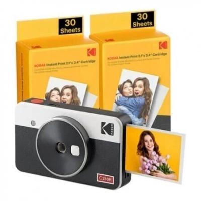 Kodak Mini Shot 2 Retro Pack de Camara Digital Instantanea Bluetooth + 60 Hojas de Papel Fotografico 5.3x8.6cm - Pantalla LCD 1.7" - Flash Integrado - Espejo para Selfies - Color Blanco/Negro